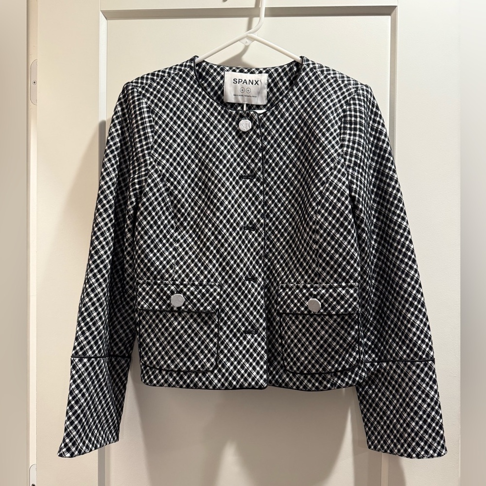 SPANX‎ Ponte Elegant Lady Blazer Jacket Stretch Jacquard Black Plaid Size Medium